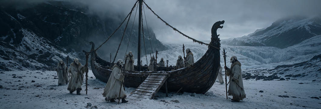 A detailed ultra-wide cinematic shot of a group of mysterious, hooded figures wearing white skull masks and fur-lined coats, representing Hel's Acolytes. They are gathered on a snow-covered rocky shore next to an ancient, dark wood Viking longship. The longship features a dragon-head prow and skeletal mast rigging. In the background, there is a massive glacial ice wall and dark, jagged mountain peaks shrouded in heavy mist and storm clouds. The overall atmosphere is moody, cold, and dark fantasy. This image