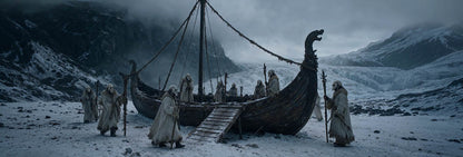 A detailed ultra-wide cinematic shot of a group of mysterious, hooded figures wearing white skull masks and fur-lined coats, representing Hel's Acolytes. They are gathered on a snow-covered rocky shore next to an ancient, dark wood Viking longship. The longship features a dragon-head prow and skeletal mast rigging. In the background, there is a massive glacial ice wall and dark, jagged mountain peaks shrouded in heavy mist and storm clouds. The overall atmosphere is moody, cold, and dark fantasy. This image