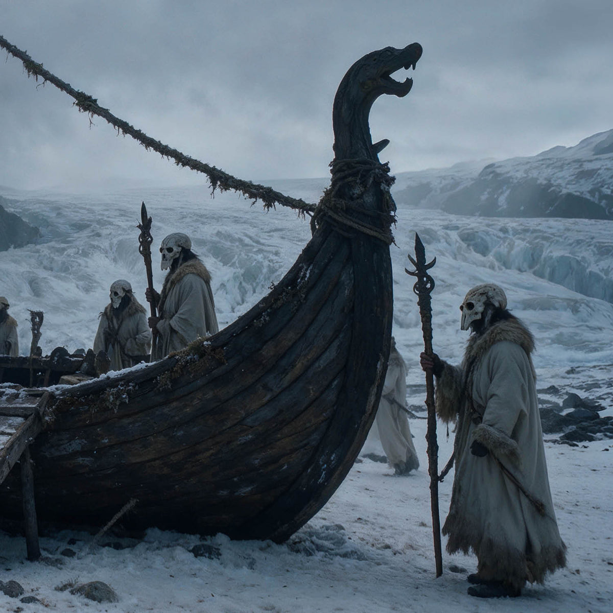 A detailed ultra-wide cinematic shot of a group of mysterious, hooded figures wearing white skull masks and fur-lined coats, representing Hel's Acolytes. They are gathered on a snow-covered rocky shore next to an ancient, dark wood Viking longship. The longship features a dragon-head prow and skeletal mast rigging. In the background, there is a massive glacial ice wall and dark, jagged mountain peaks shrouded in heavy mist and storm clouds. The overall atmosphere is moody, cold, and dark fantasy. This image