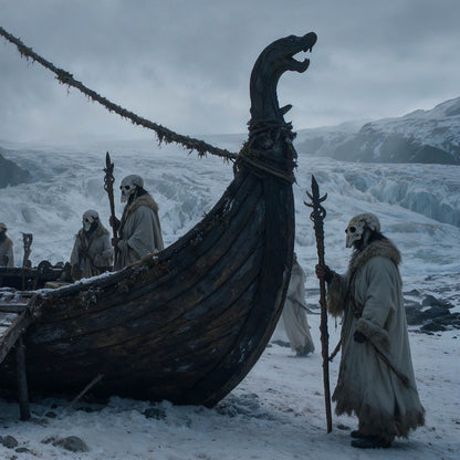 A detailed ultra-wide cinematic shot of a group of mysterious, hooded figures wearing white skull masks and fur-lined coats, representing Hel's Acolytes. They are gathered on a snow-covered rocky shore next to an ancient, dark wood Viking longship. The longship features a dragon-head prow and skeletal mast rigging. In the background, there is a massive glacial ice wall and dark, jagged mountain peaks shrouded in heavy mist and storm clouds. The overall atmosphere is moody, cold, and dark fantasy. This image