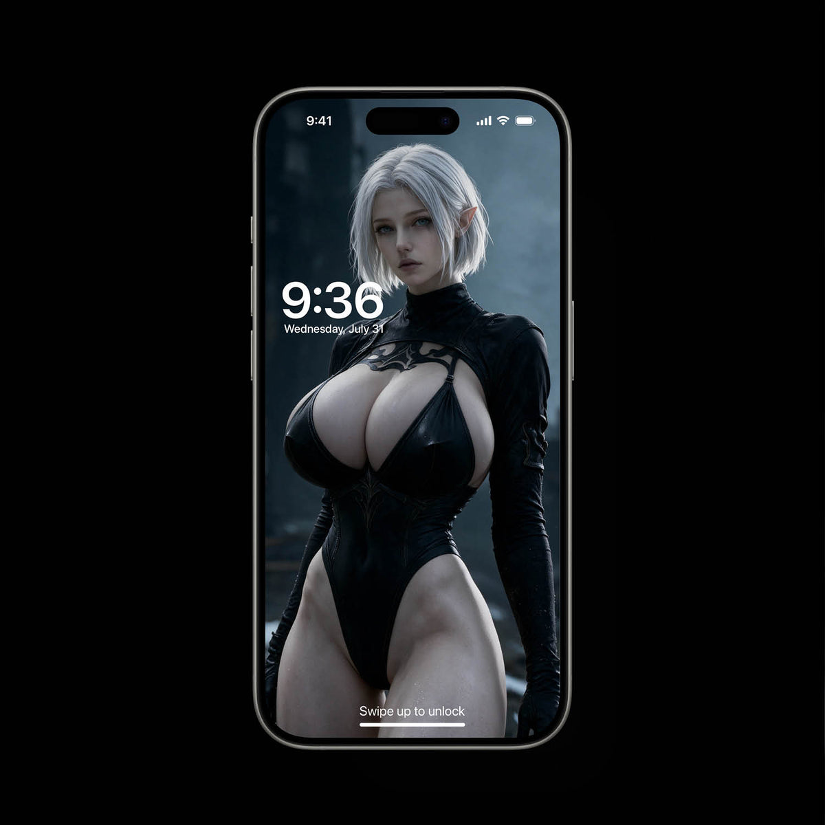 Hel 2B dark fantasy wallpaper for mobile and iPad, featuring silver haired gothic goddess in black bodysuit outfit, high contrast OLED dark mode lock screen setup for iOS and Android.