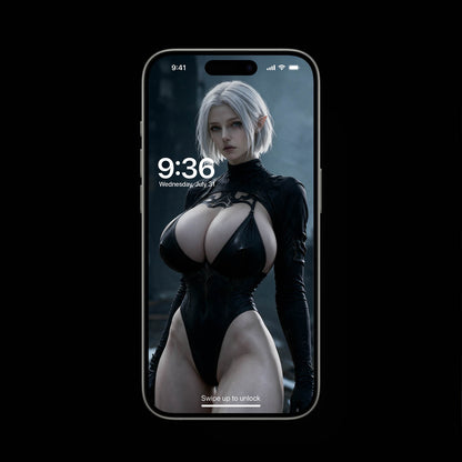 Hel 2B dark fantasy wallpaper for mobile and iPad, featuring silver haired gothic goddess in black bodysuit outfit, high contrast OLED dark mode lock screen setup for iOS and Android.