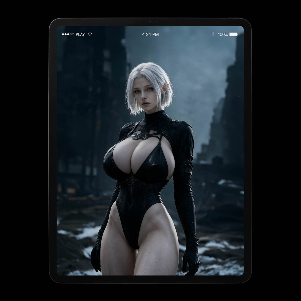 Hel 2B dark fantasy wallpaper for mobile and iPad, featuring silver haired gothic goddess in black bodysuit outfit, high contrast OLED dark mode lock screen setup for iOS and Android.
