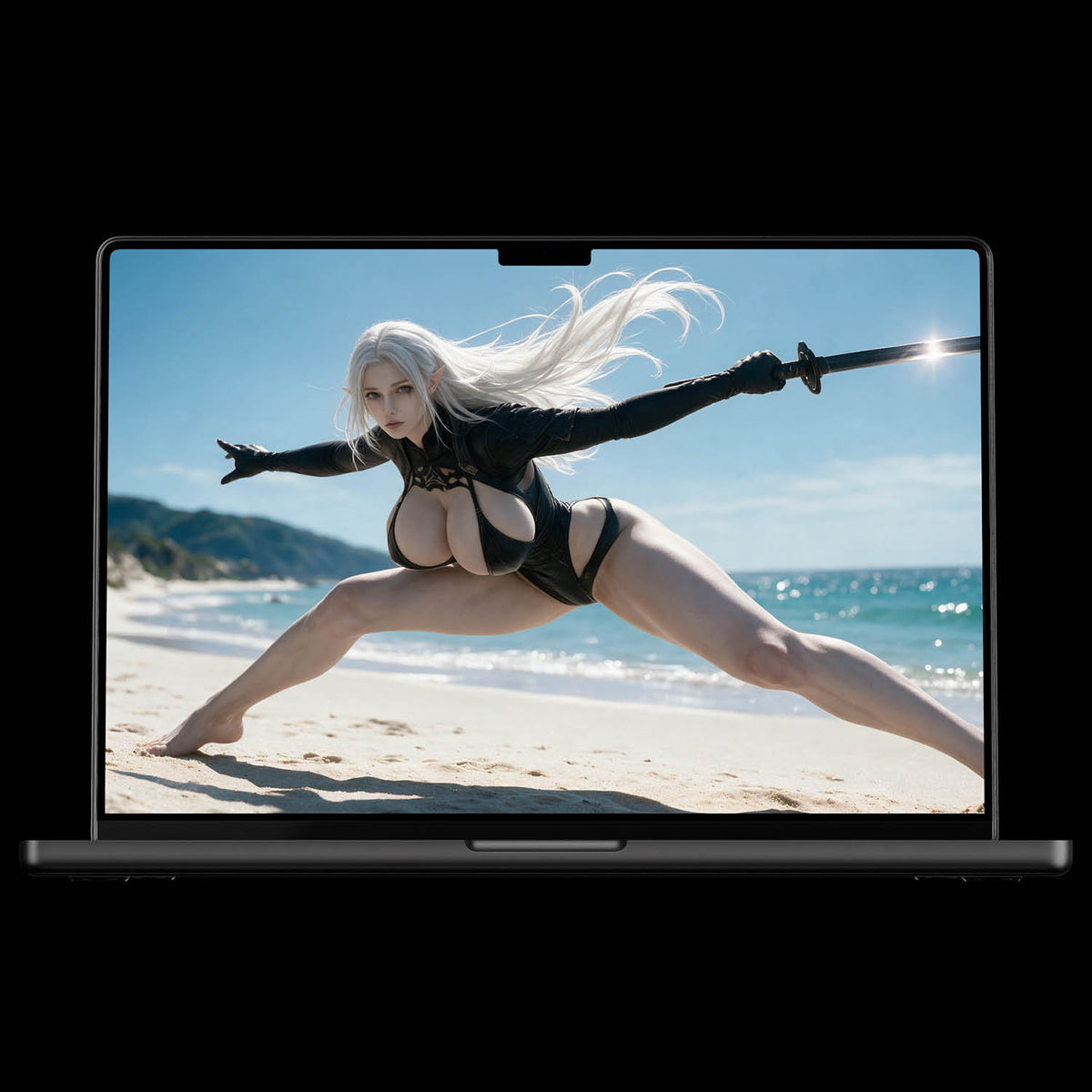 Hel 4K dark fantasy mobile and desktop wallpaper, featuring silver-haired female warrior in a low katana action stance wearing a black tactical bodysuit. Set against a bright tropical beach with turquoise ocean water and high contrast, engineered for OLED lock screen setups on iOS and Android.