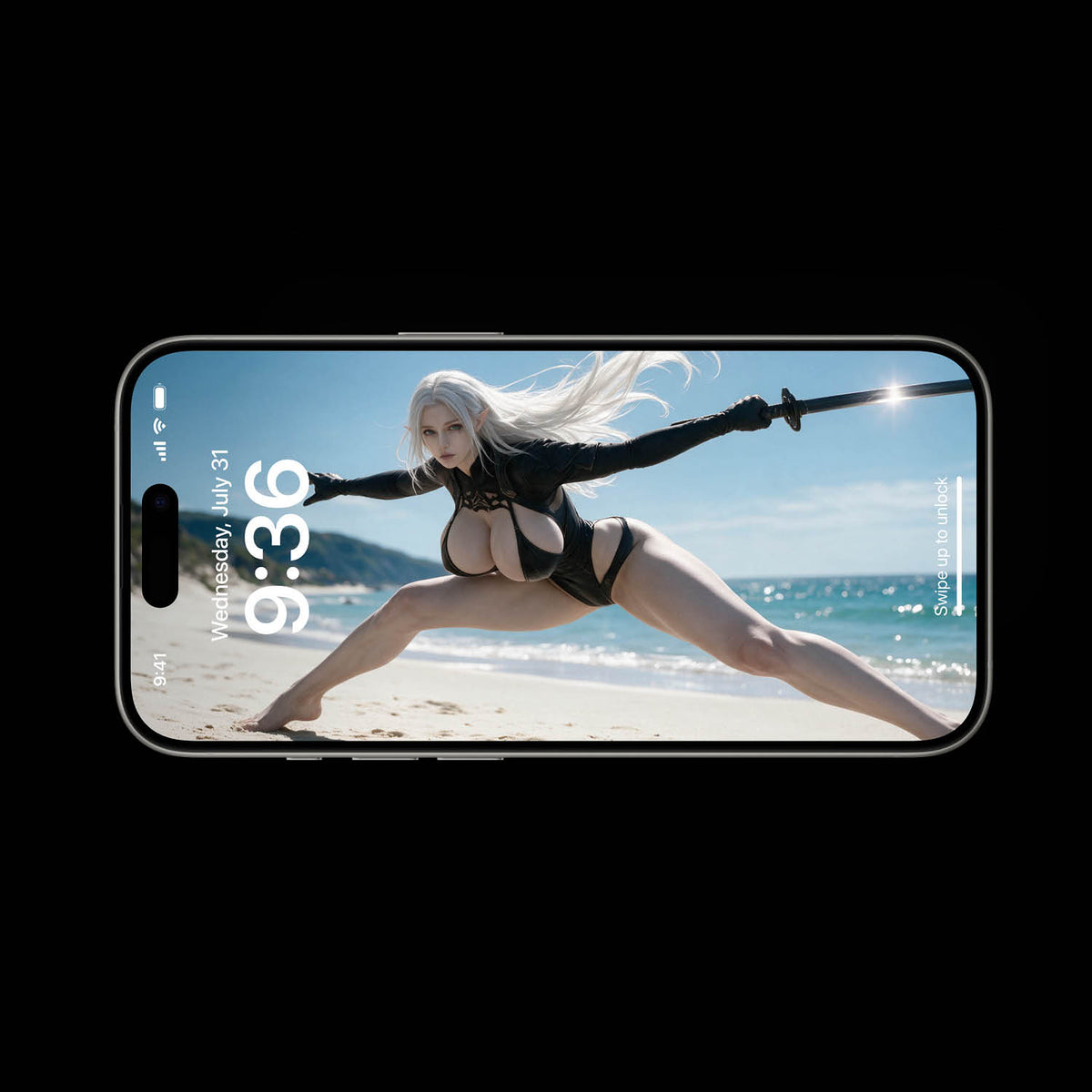 Hel 4K dark fantasy mobile and desktop wallpaper, featuring silver-haired female warrior in a low katana action stance wearing a black tactical bodysuit. Set against a bright tropical beach with turquoise ocean water and high contrast, engineered for OLED lock screen setups on iOS and Android.