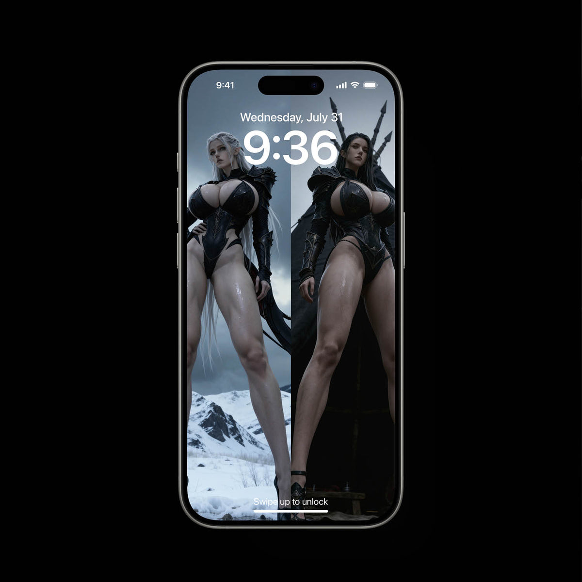 Detailed 4K aesthetic phone wallpaper render featuring Norse goddesses Hel and Hildr side by side in dark fantasy armor, high-res digital desktop lockscreen background.