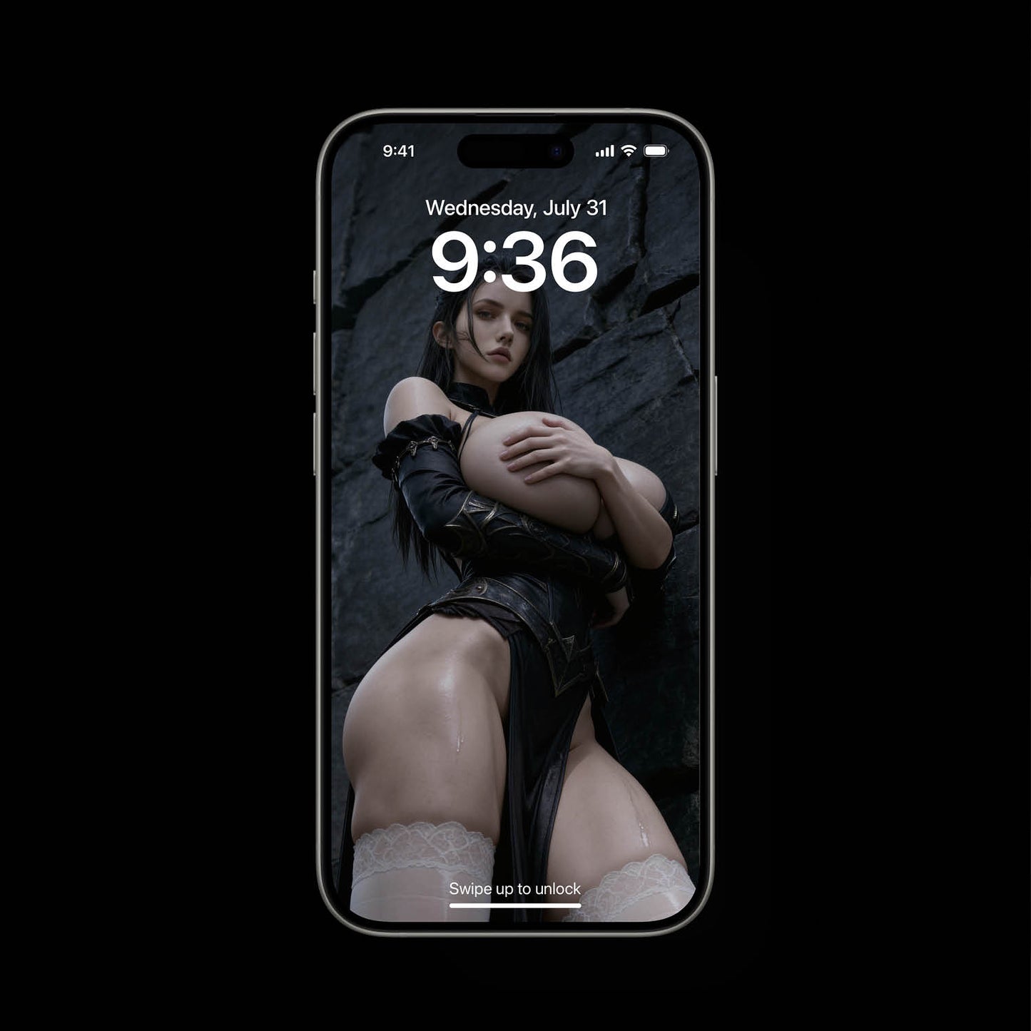 A sexy, busty Norse Valkyrie, Hildr, standing in front of a dark castle stone wall. She has big boobs. A high-resolution mobile wallpaper of the Norse goddess Idunn standing against a misty mountain backdrop. She wears ornate black leather armor that highlights her athletic figure and narrow waist. Her skin is glistening, and her intense gaze creates a powerful, ethereal presence in a cinematic dark fantasy style. HD iPhone Wallpaper. HD Android Wallpaper.
