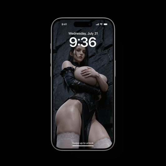 A sexy, busty Norse Valkyrie, Hildr, standing in front of a dark castle stone wall. She has big boobs. A high-resolution mobile wallpaper of the Norse goddess Idunn standing against a misty mountain backdrop. She wears ornate black leather armor that highlights her athletic figure and narrow waist. Her skin is glistening, and her intense gaze creates a powerful, ethereal presence in a cinematic dark fantasy style. HD iPhone Wallpaper. HD Android Wallpaper.