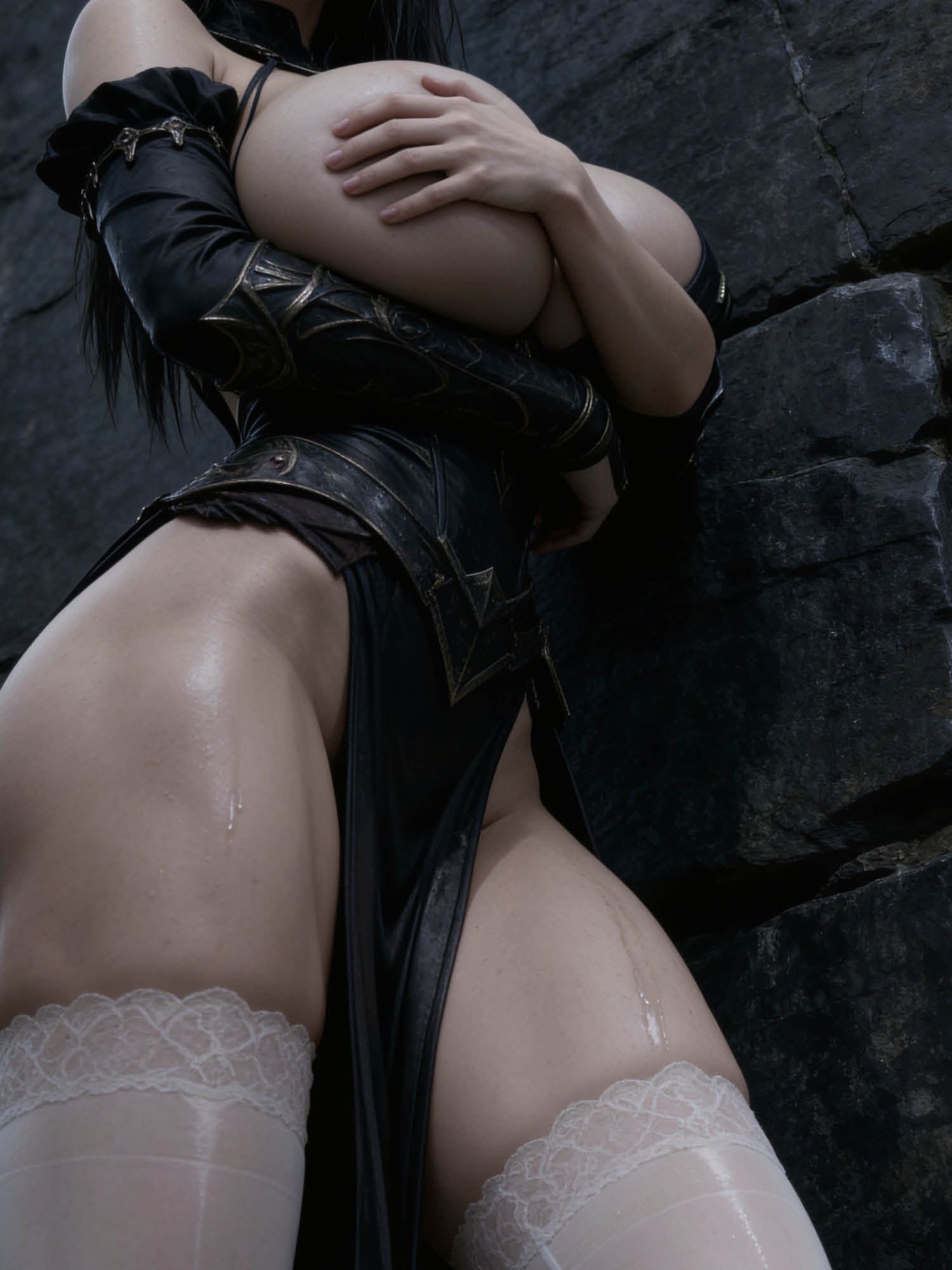 A sexy, busty Norse Valkyrie, Hildr, standing in front of a dark castle stone wall. She has big boobs. A high-resolution mobile wallpaper of the Norse goddess Idunn standing against a misty mountain backdrop. She wears ornate black leather armor that highlights her athletic figure and narrow waist. Her skin is glistening, and her intense gaze creates a powerful, ethereal presence in a cinematic dark fantasy style. HD iPhone Wallpaper. HD Android Wallpaper.