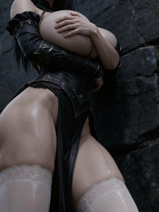 A sexy, busty Norse Valkyrie, Hildr, standing in front of a dark castle stone wall. She has big boobs. A high-resolution mobile wallpaper of the Norse goddess Idunn standing against a misty mountain backdrop. She wears ornate black leather armor that highlights her athletic figure and narrow waist. Her skin is glistening, and her intense gaze creates a powerful, ethereal presence in a cinematic dark fantasy style. HD iPhone Wallpaper. HD Android Wallpaper.