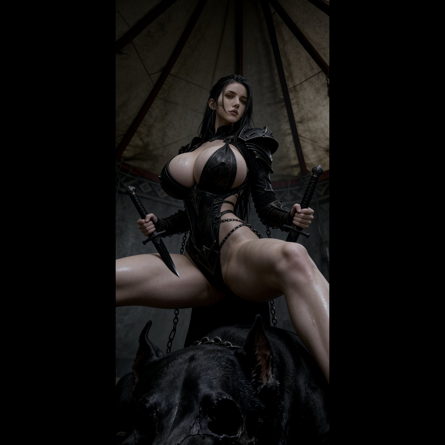 A sexy Valkyrie, Hildr, defeated a huge black hell hound. A high-resolution mobile wallpaper of the Norse goddess Idunn standing against a misty mountain backdrop. She wears ornate black leather armor that highlights her athletic figure and narrow waist. Her skin is glistening, and her intense gaze creates a powerful, ethereal presence in a cinematic dark fantasy style.