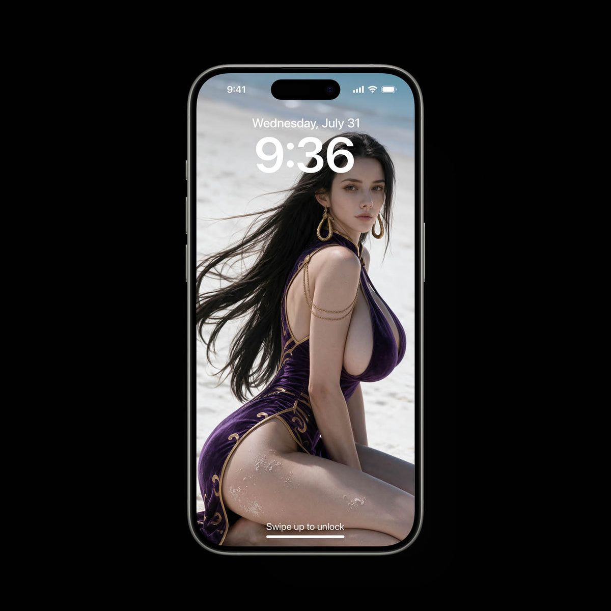 A woman with long black hair wearing a purple velvet dress with gold accents kneels on a white sand beach. She looks over her shoulder towards the camera, set against a bright ocean backdrop under clear sunlight.