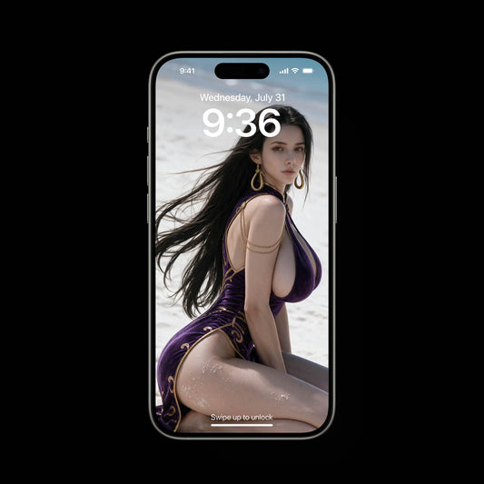 A woman with long black hair wearing a purple velvet dress with gold accents kneels on a white sand beach. She looks over her shoulder towards the camera, set against a bright ocean backdrop under clear sunlight.