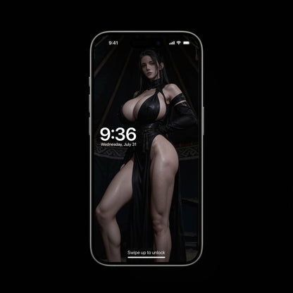 A sexy, busty Valkyrie, Hildr, standing inside a dark Viking tent. A high-resolution mobile wallpaper of the Norse goddess Idunn standing against a misty mountain backdrop. She wears ornate black leather armor that highlights her athletic figure and narrow waist. Her skin is glistening, and her intense gaze creates a powerful, ethereal presence in a cinematic dark fantasy style. HD iPhone Wallpaper. HD Android Wallpaper.