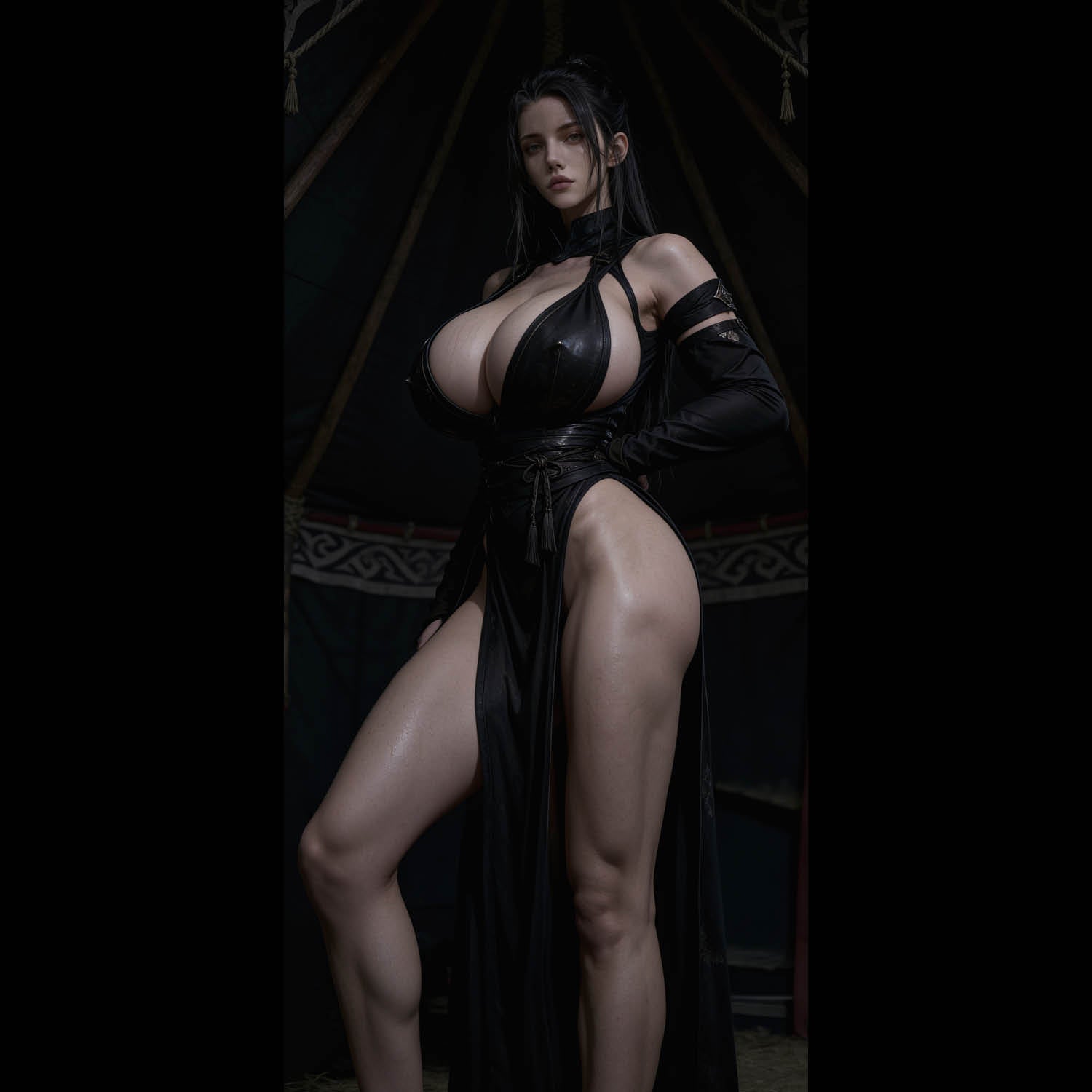 A sexy, busty Valkyrie, Hildr, standing inside a dark Viking tent. A high-resolution mobile wallpaper of the Norse goddess Idunn standing against a misty mountain backdrop. She wears ornate black leather armor that highlights her athletic figure and narrow waist. Her skin is glistening, and her intense gaze creates a powerful, ethereal presence in a cinematic dark fantasy style. HD iPhone Wallpaper. HD Android Wallpaper.