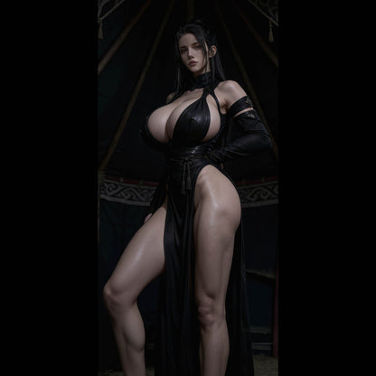 A sexy, busty Valkyrie, Hildr, standing inside a dark Viking tent. A high-resolution mobile wallpaper of the Norse goddess Idunn standing against a misty mountain backdrop. She wears ornate black leather armor that highlights her athletic figure and narrow waist. Her skin is glistening, and her intense gaze creates a powerful, ethereal presence in a cinematic dark fantasy style. HD iPhone Wallpaper. HD Android Wallpaper.