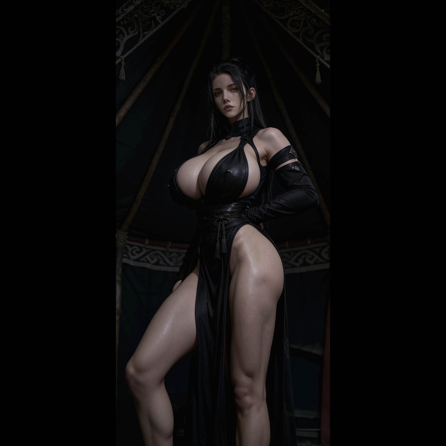 A sexy, busty Valkyrie, Hildr, standing inside a dark Viking tent. A high-resolution mobile wallpaper of the Norse goddess Idunn standing against a misty mountain backdrop. She wears ornate black leather armor that highlights her athletic figure and narrow waist. Her skin is glistening, and her intense gaze creates a powerful, ethereal presence in a cinematic dark fantasy style. HD iPhone Wallpaper. HD Android Wallpaper.