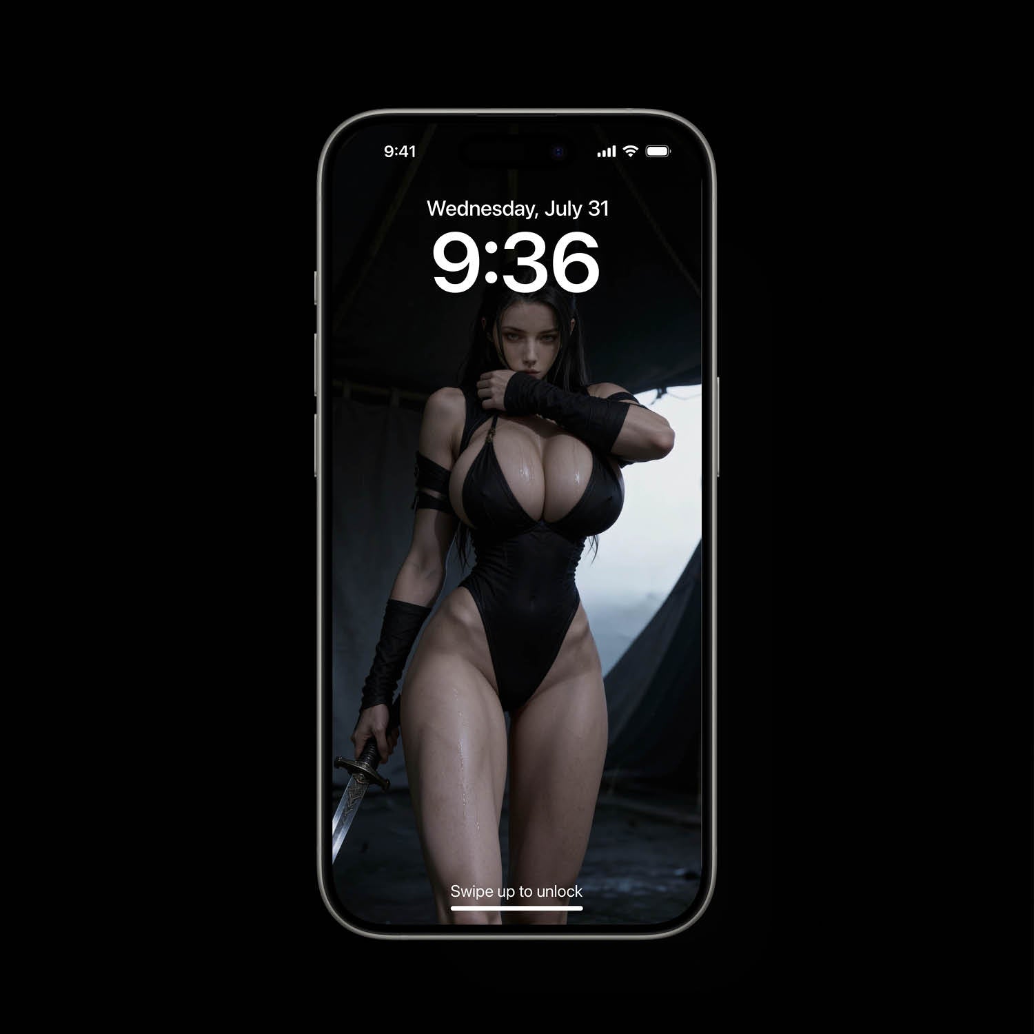 A sexy, busty Norse Valkyrie, Hildr, holding a Viking sword in a tent. A high-resolution mobile wallpaper of the Norse goddess Idunn standing against a misty mountain backdrop. She wears ornate black leather armor that highlights her athletic figure and narrow waist. Her skin is glistening, and her intense gaze creates a powerful, ethereal presence in a cinematic dark fantasy style. HD iPhone Wallpaper. HD Android Wallpaper.