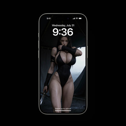 A sexy, busty Norse Valkyrie, Hildr, holding a Viking sword in a tent. A high-resolution mobile wallpaper of the Norse goddess Idunn standing against a misty mountain backdrop. She wears ornate black leather armor that highlights her athletic figure and narrow waist. Her skin is glistening, and her intense gaze creates a powerful, ethereal presence in a cinematic dark fantasy style. HD iPhone Wallpaper. HD Android Wallpaper.