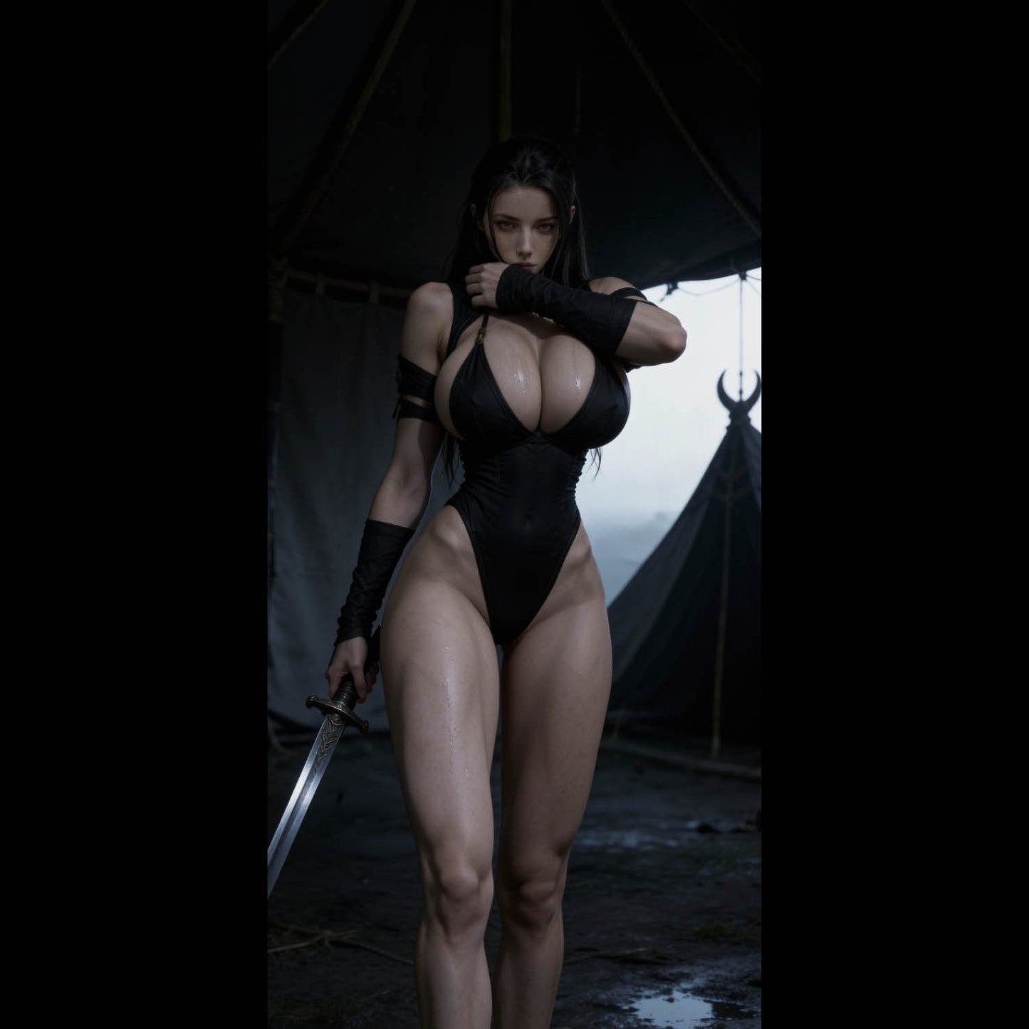 A sexy, busty Norse Valkyrie, Hildr, holding a Viking sword in a tent. A high-resolution mobile wallpaper of the Norse goddess Idunn standing against a misty mountain backdrop. She wears ornate black leather armor that highlights her athletic figure and narrow waist. Her skin is glistening, and her intense gaze creates a powerful, ethereal presence in a cinematic dark fantasy style. HD iPhone Wallpaper. HD Android Wallpaper.