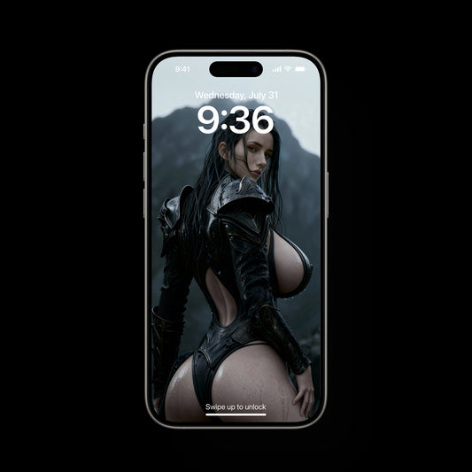 Hildr stands silently in the rain, a dark Nordic warrior figure surrounded by mist and falling water. Cinematic fantasy scene designed as a moody mobile wallpaper with stormy atmosphere and dramatic lighting.