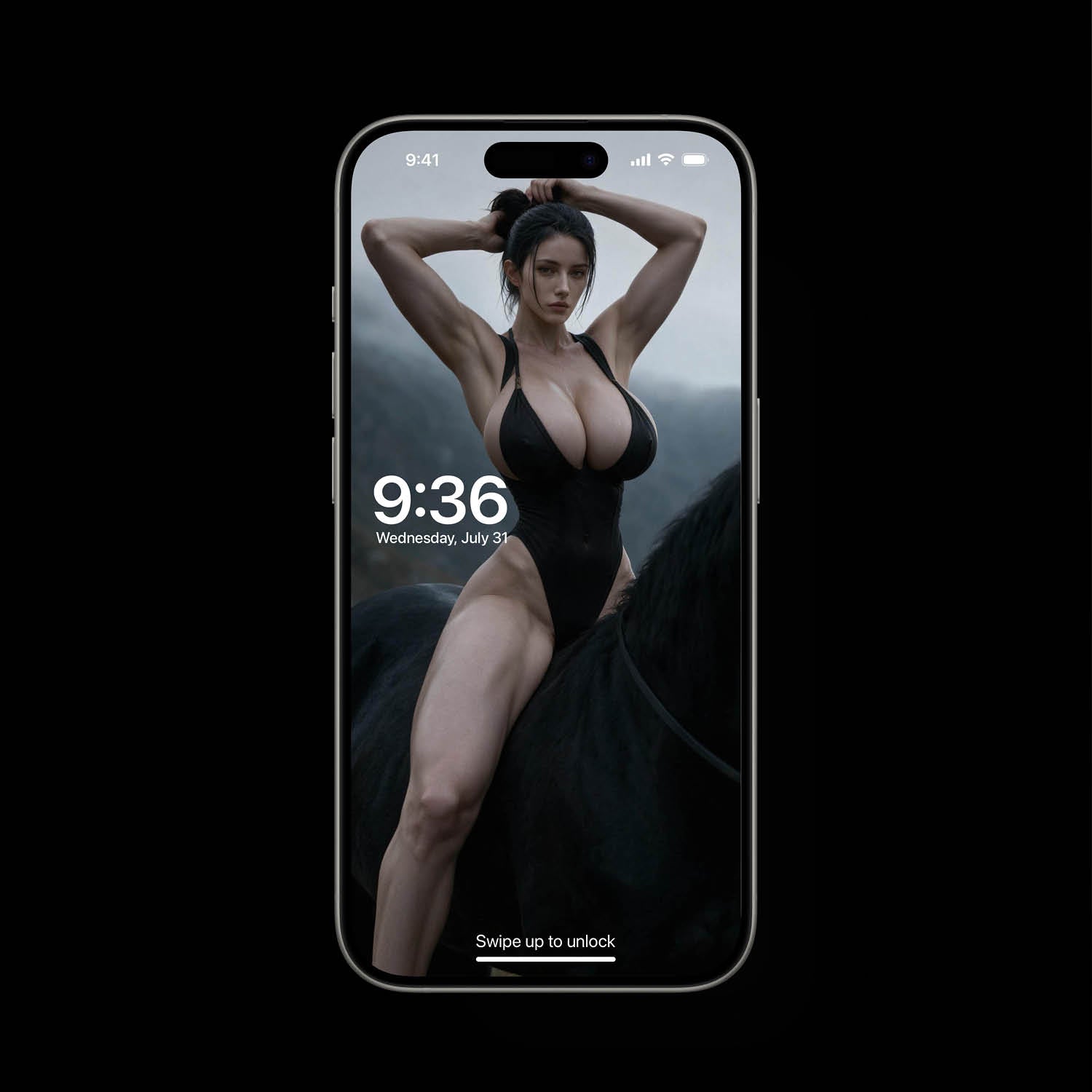 Sexy warrior phone wallpaper render featuring Hildr on a horse, dark fantasy mobile wallpaper, live background, high-res lockscreen.