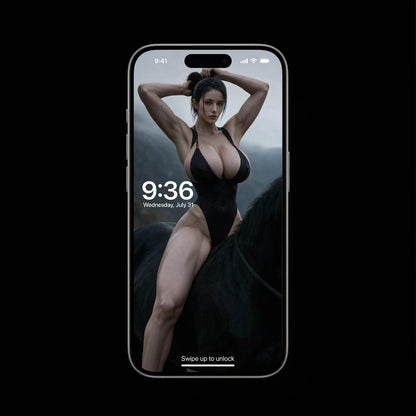 Sexy warrior phone wallpaper render featuring Hildr on a horse, dark fantasy mobile wallpaper, live background, high-res lockscreen.