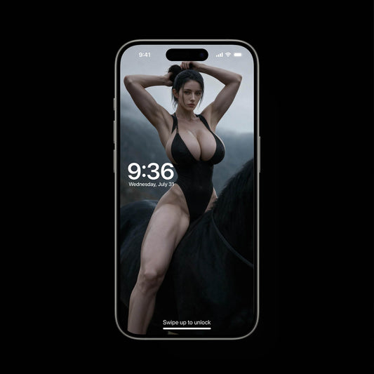 Sexy warrior phone wallpaper render featuring Hildr on a horse, dark fantasy mobile wallpaper, live background, high-res lockscreen.