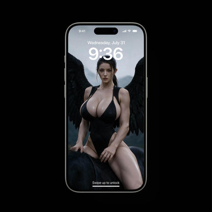 mobile background download featuring Hildr the Valkyrie showing black wings on a dark steed, ultra high resolution dark aesthetic lock screen art.