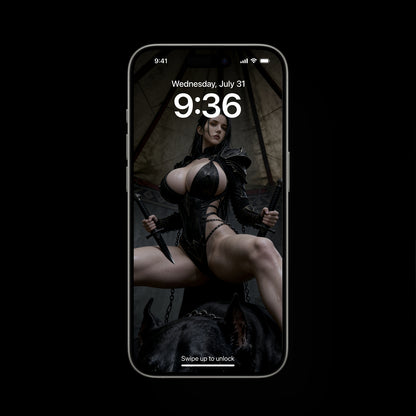 A sexy Valkyrie, Hildr, defeated a huge black hell hound. A high-resolution mobile wallpaper of the Norse goddess Idunn standing against a misty mountain backdrop. She wears ornate black leather armor that highlights her athletic figure and narrow waist. Her skin is glistening, and her intense gaze creates a powerful, ethereal presence in a cinematic dark fantasy style.