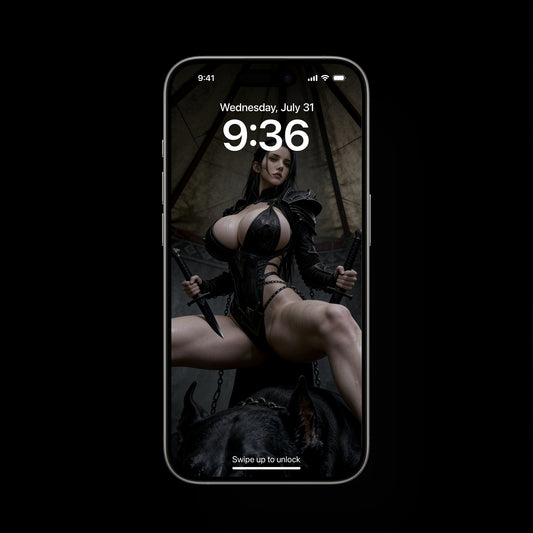 A sexy Valkyrie, Hildr, defeated a huge black hell hound. A high-resolution mobile wallpaper of the Norse goddess Idunn standing against a misty mountain backdrop. She wears ornate black leather armor that highlights her athletic figure and narrow waist. Her skin is glistening, and her intense gaze creates a powerful, ethereal presence in a cinematic dark fantasy style.