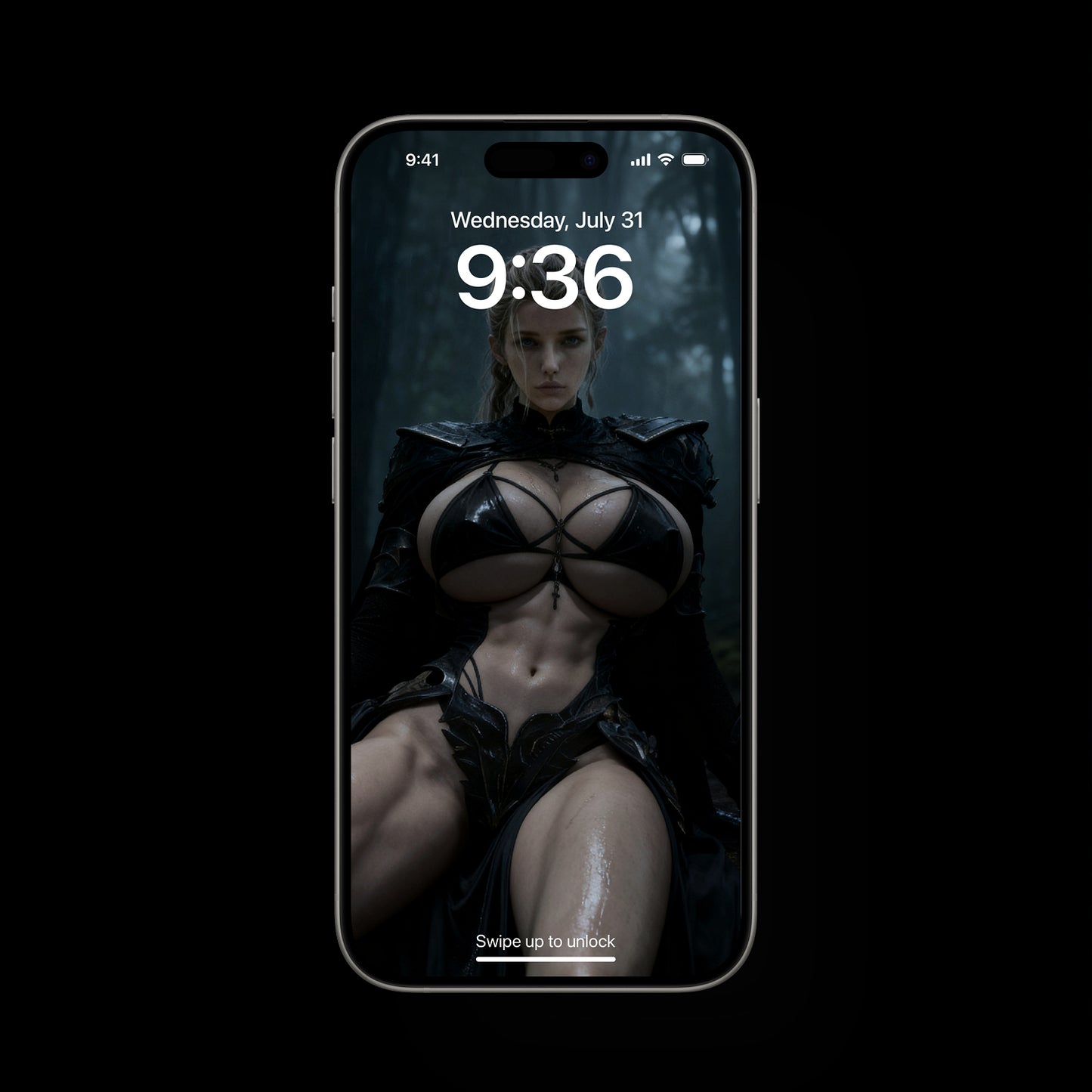 Valkyrie Idunn in Dark Forest. A high-resolution mobile wallpaper of the Norse goddess Idunn standing against a misty mountain backdrop. She wears ornate black leather armor that highlights her athletic figure and narrow waist. Her skin is glistening, and her intense gaze creates a powerful, ethereal presence in a cinematic dark fantasy style.