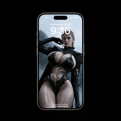 A high-resolution mobile wallpaper of the Norse goddess Idunn standing against a misty mountain backdrop. She wears ornate black leather armor that highlights her athletic figure and narrow waist. Her skin is glistening, and her intense gaze creates a powerful, ethereal presence in a cinematic dark fantasy style.