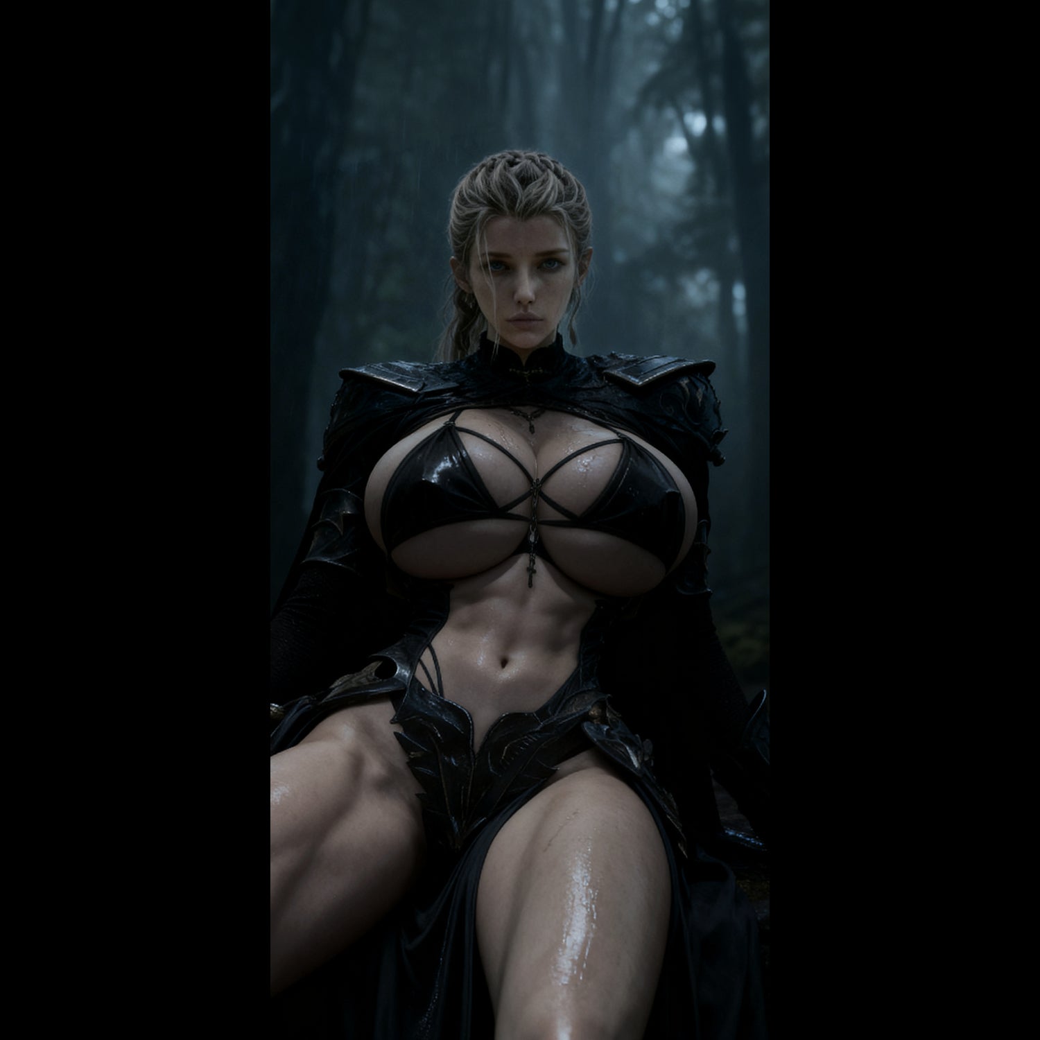 Valkyrie Idunn in Dark Forest. A high-resolution mobile wallpaper of the Norse goddess Idunn standing against a misty mountain backdrop. She wears ornate black leather armor that highlights her athletic figure and narrow waist. Her skin is glistening, and her intense gaze creates a powerful, ethereal presence in a cinematic dark fantasy style.