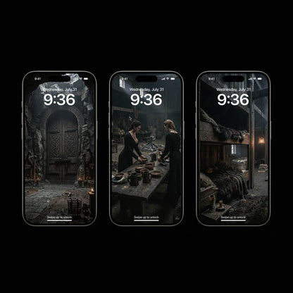 Chronicles of Vanaheim wallpaper collection featuring a Viking longhouse, carved Norse hall entrance, rustic wooden interior, and medieval Nordic living inspired by Norse mythology and fantasy art.