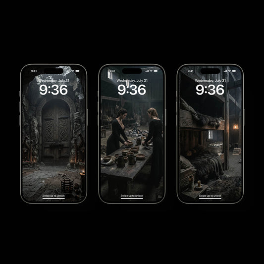 Chronicles of Vanaheim wallpaper collection featuring a Viking longhouse, carved Norse hall entrance, rustic wooden interior, and medieval Nordic living inspired by Norse mythology and fantasy art.