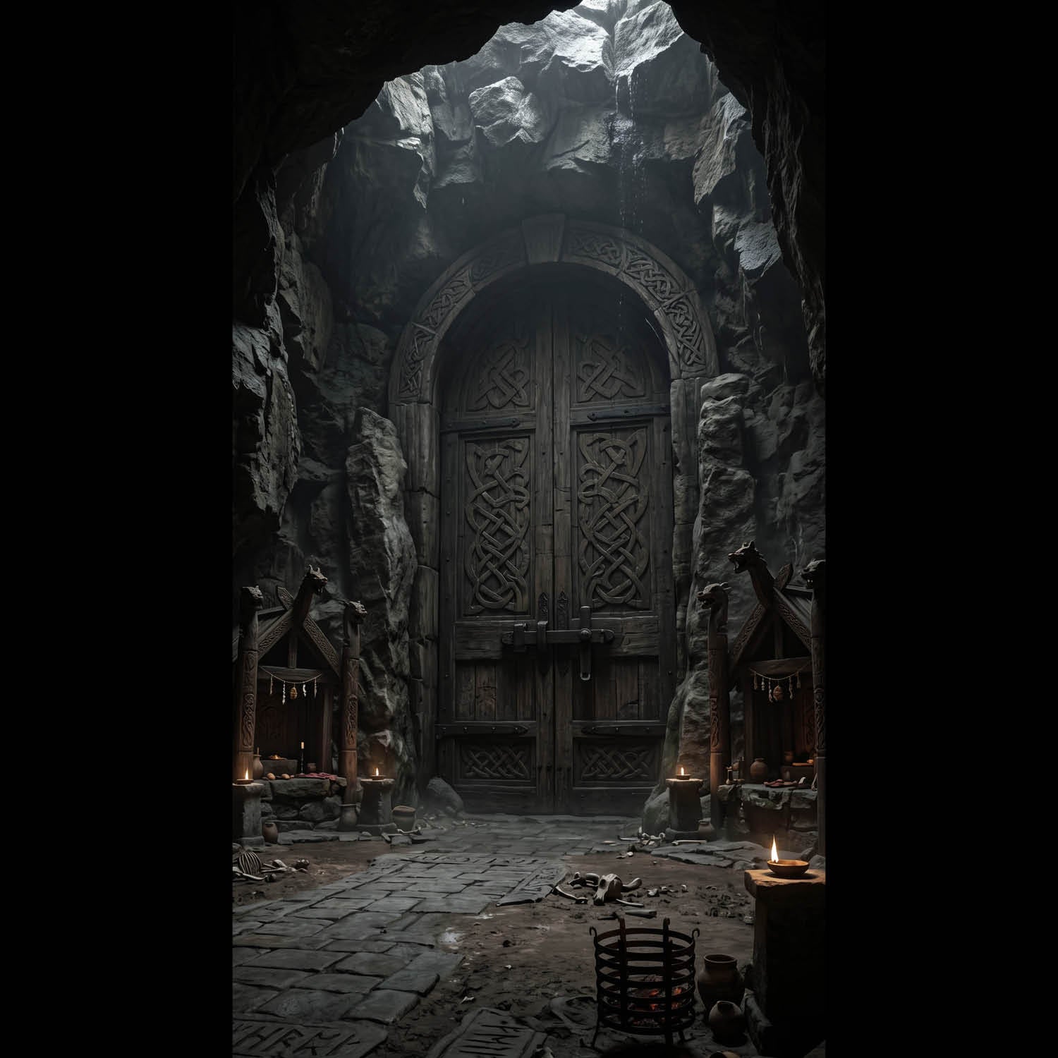 Ancient carved wooden gates leading into Vanaheim, surrounded by towering stone cliffs and illuminated by firelight. Cinematic Norse mythology fantasy wallpaper featuring Viking architecture.