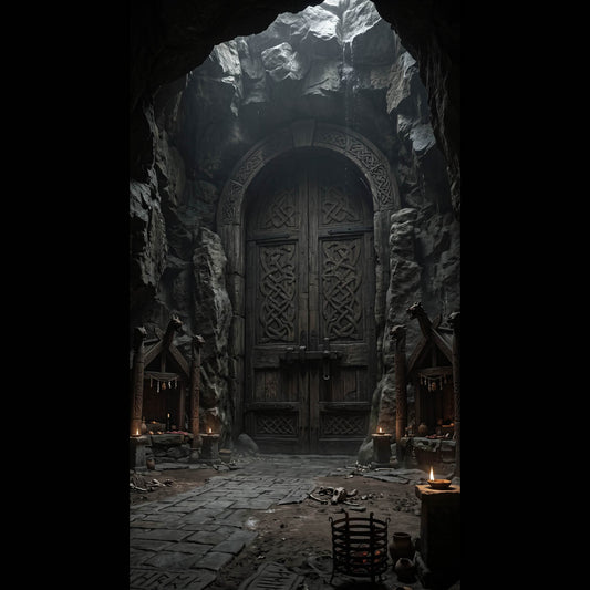 Ancient carved wooden gates leading into Vanaheim, surrounded by towering stone cliffs and illuminated by firelight. Cinematic Norse mythology fantasy wallpaper featuring Viking architecture.