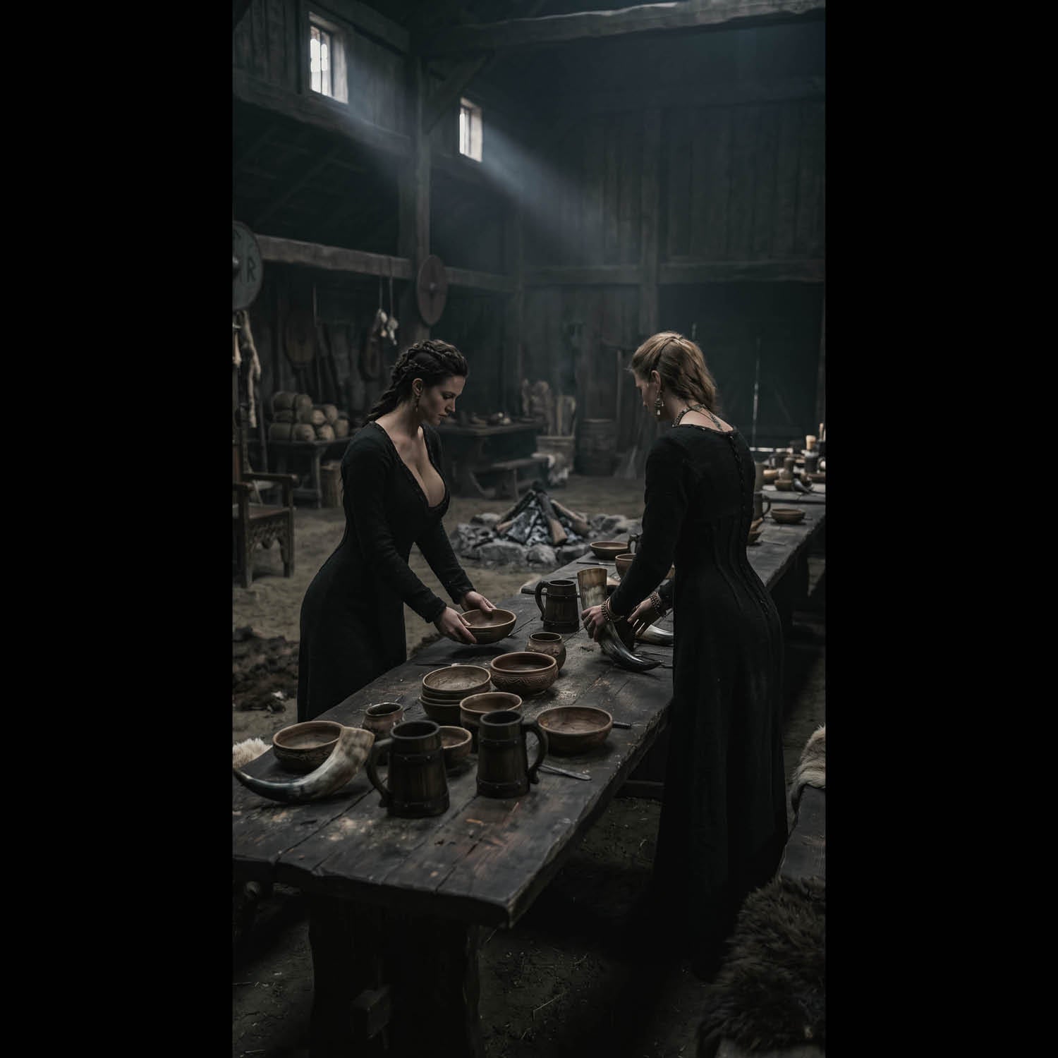 Rustic Viking great hall in Vanaheim with wooden tables, handcrafted pottery, warm firelight, and medieval Nordic interiors inspired by Norse mythology fantasy.