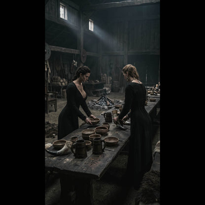 Rustic Viking great hall in Vanaheim with wooden tables, handcrafted pottery, warm firelight, and medieval Nordic interiors inspired by Norse mythology fantasy.