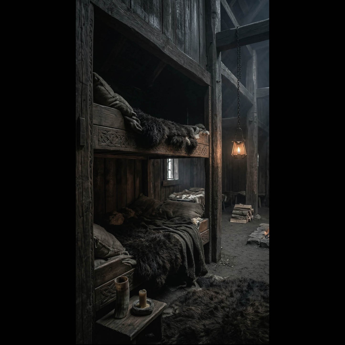 Cozy Viking longhouse sleeping quarters in Vanaheim featuring wooden bunk beds, fur blankets, lantern lighting, and authentic Norse-inspired medieval fantasy architecture.