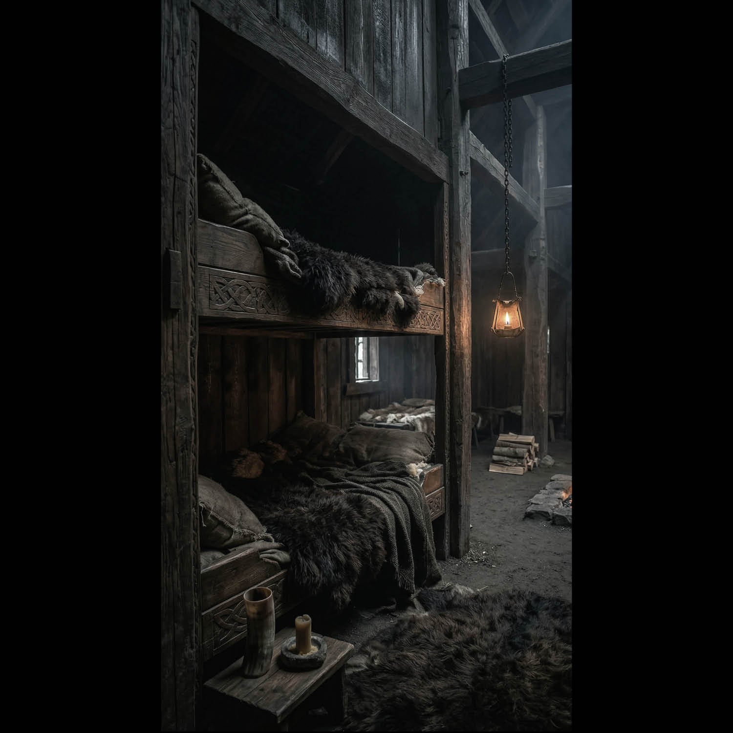 Cozy Viking longhouse sleeping quarters in Vanaheim featuring wooden bunk beds, fur blankets, lantern lighting, and authentic Norse-inspired medieval fantasy architecture.