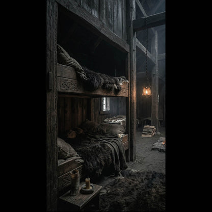 Cozy Viking longhouse sleeping quarters in Vanaheim featuring wooden bunk beds, fur blankets, lantern lighting, and authentic Norse-inspired medieval fantasy architecture.