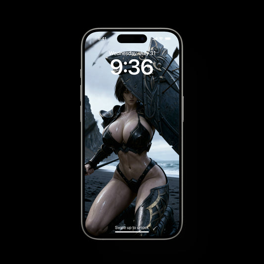 A Valkyrie is defending herself with a huge black Viking shield from flying arrows at Norse black sand shore. Valkyrie Mobile Wallpaper. Sexy goddess wallpaper