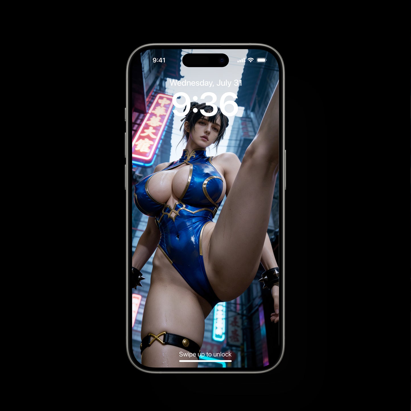 Valkyrie cosplay as Chun Li from Capcom. A high-resolution mobile wallpaper of the Norse goddess Idunn standing against a misty mountain backdrop. She wears ornate black leather armor that highlights her athletic figure and narrow waist. Her skin is glistening, and her intense gaze creates a powerful, ethereal presence in a cinematic dark fantasy style.