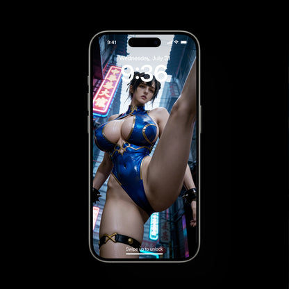 Valkyrie cosplay as Chun Li from Capcom. A high-resolution mobile wallpaper of the Norse goddess Idunn standing against a misty mountain backdrop. She wears ornate black leather armor that highlights her athletic figure and narrow waist. Her skin is glistening, and her intense gaze creates a powerful, ethereal presence in a cinematic dark fantasy style.