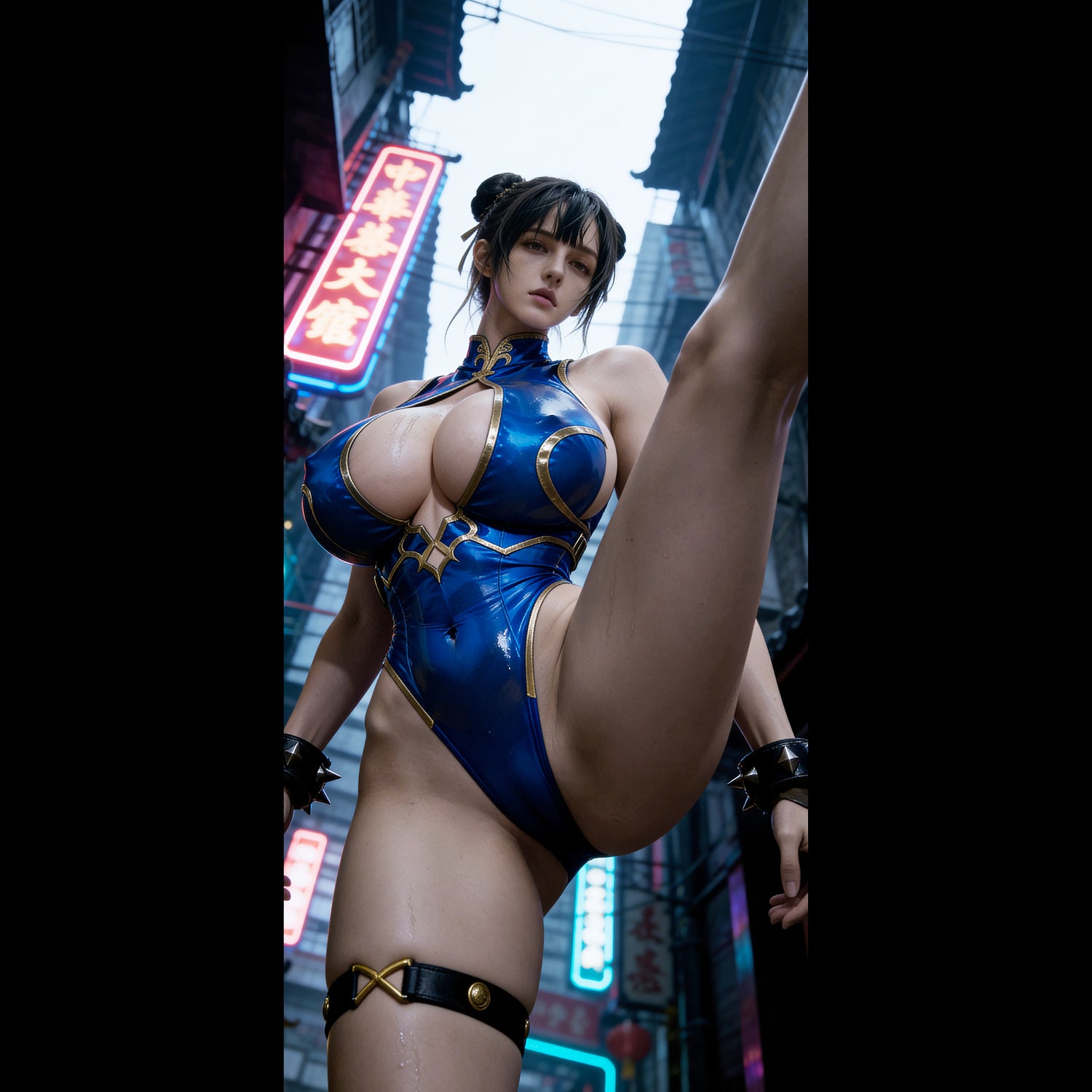 Valkyrie cosplay as Chun Li from Capcom. A high-resolution mobile wallpaper of the Norse goddess Idunn standing against a misty mountain backdrop. She wears ornate black leather armor that highlights her athletic figure and narrow waist. Her skin is glistening, and her intense gaze creates a powerful, ethereal presence in a cinematic dark fantasy style.