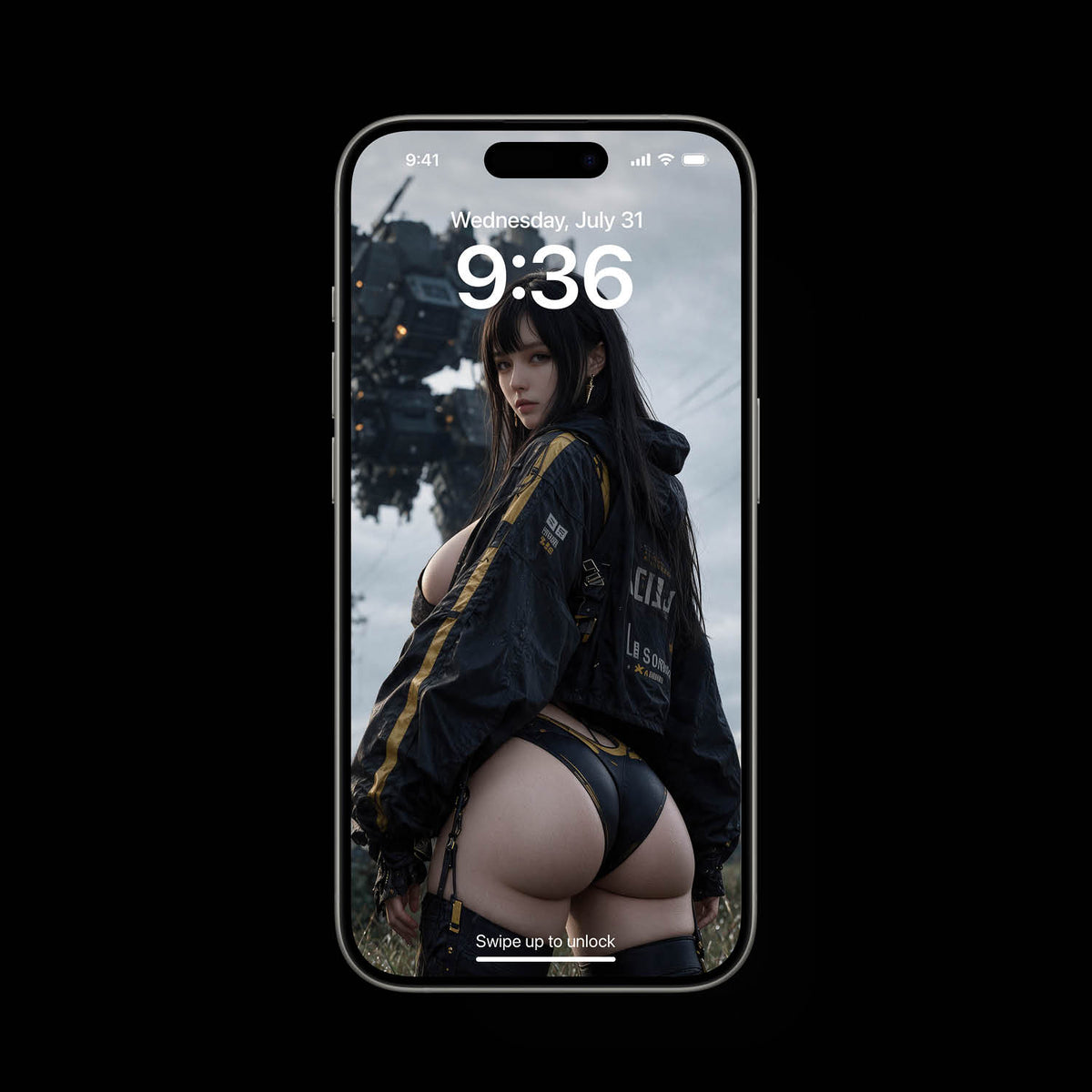 Vertical photorealistic digital artwork of a young dark-haired woman with heavy fringe bangs wearing a black and gold streetwear jacket in front of a giant industrial mech under a stormy sky.