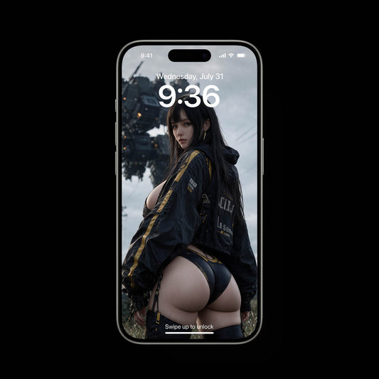 Vertical photorealistic digital artwork of a young dark-haired woman with heavy fringe bangs wearing a black and gold streetwear jacket in front of a giant industrial mech under a stormy sky.