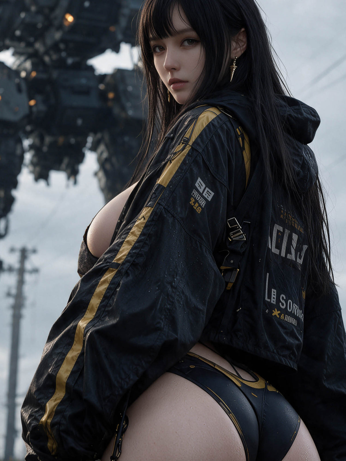 Vertical photorealistic digital artwork of a young dark-haired woman with heavy fringe bangs wearing a black and gold streetwear jacket in front of a giant industrial mech under a stormy sky.